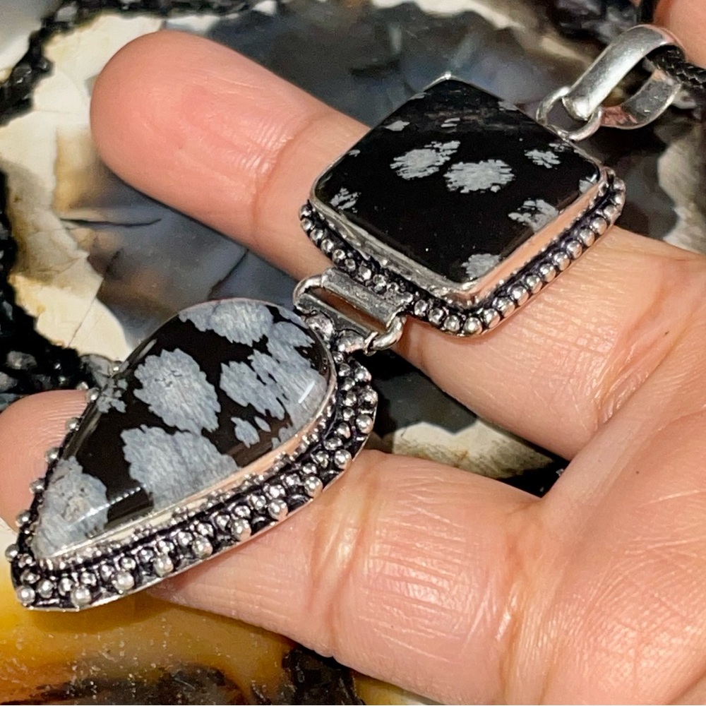 Gray & Black Snowflake Obsidian Pendant 2 7/8”